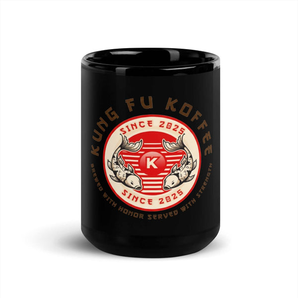 black glossy mug with kung fu coffee logo and koi fish design