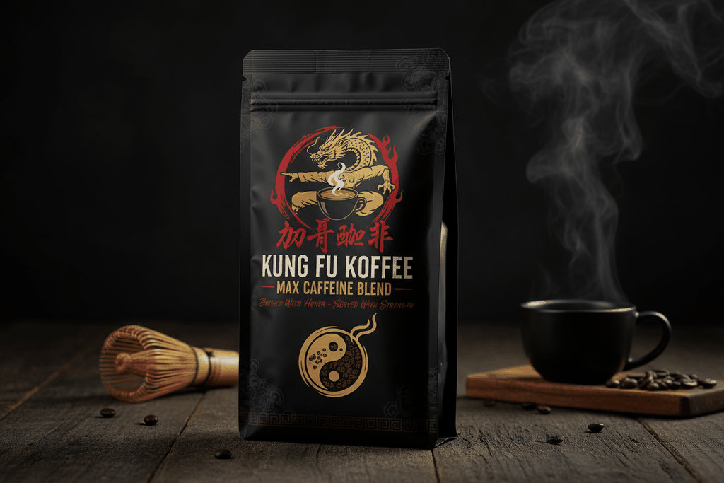 Kung Fu Koffee Max Caffeine Blend high caffeine coffee with Tanzania and India Robusta beans packaged in black bag with steaming coffee cup in background