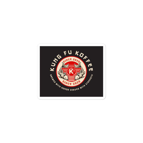 Kung Fu Koffee round bubble free sticker with red and beige design on black background