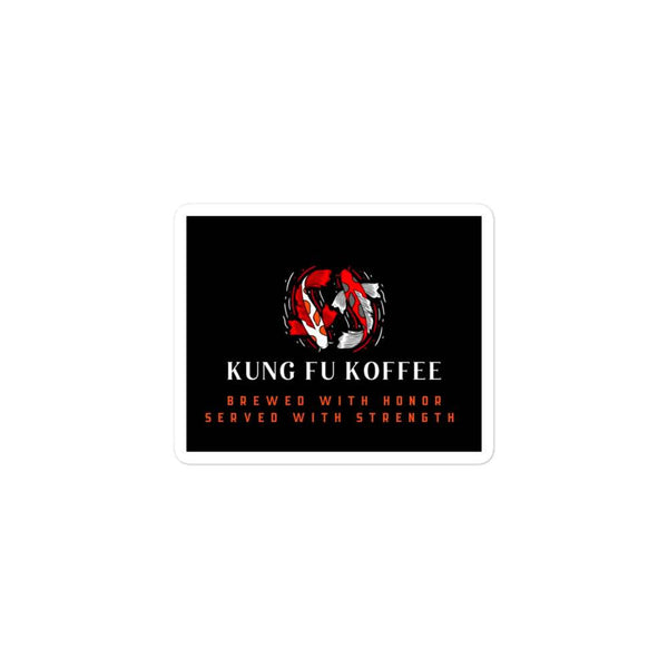 Kung Fu Koffee bubble-free sticker with bold red and white koi fish design on black background