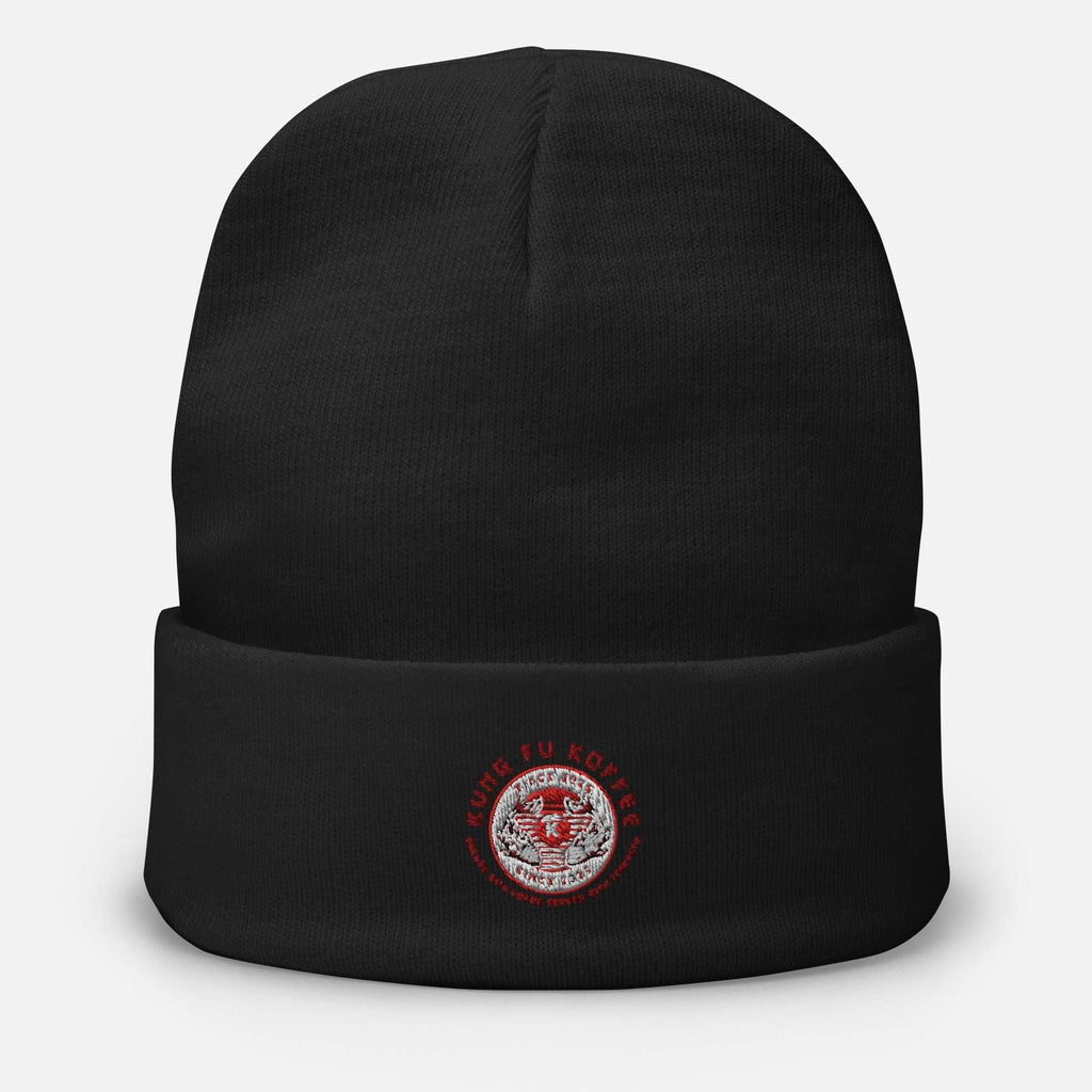 Black embroidered beanie with red logo, breathable cotton blend, snug fit, one size fits most
