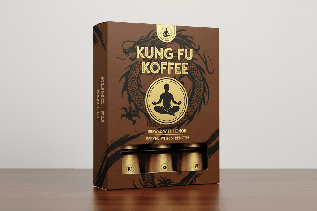 12 pack of Kung Fu Koffee single serve coffee capsules with premium roasted beans and dragon design packaging