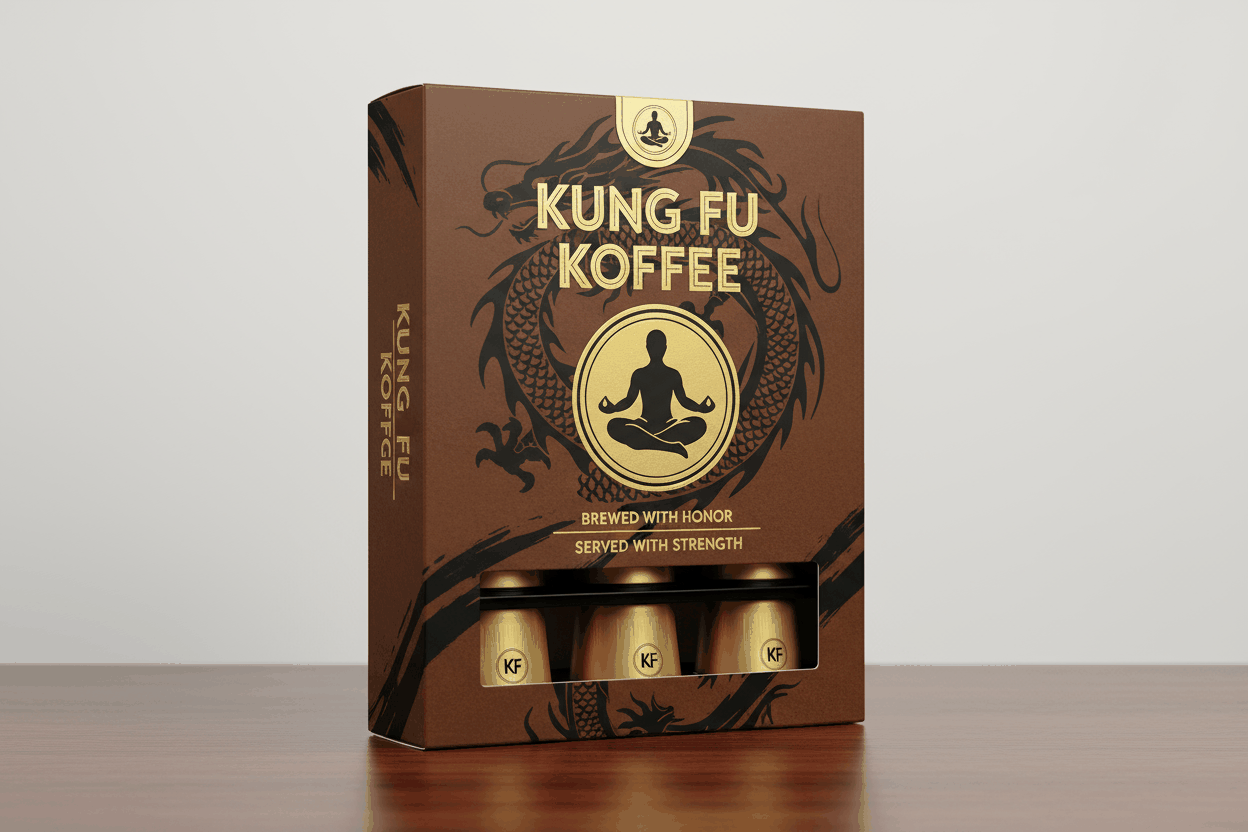 12 pack of Kung Fu Koffee single serve coffee capsules with premium roasted beans and dragon design packaging