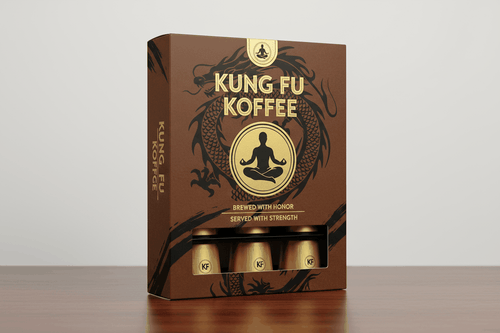 12 pack of Kung Fu Koffee single serve coffee capsules with premium roasted beans and dragon design packaging