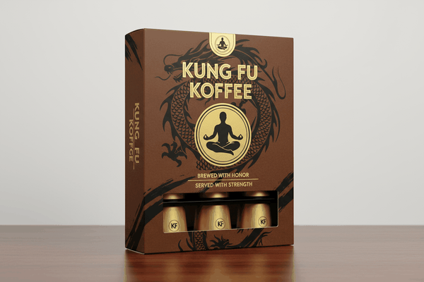 12 pack of Kung Fu Koffee single serve coffee capsules with premium roasted beans and dragon design packaging