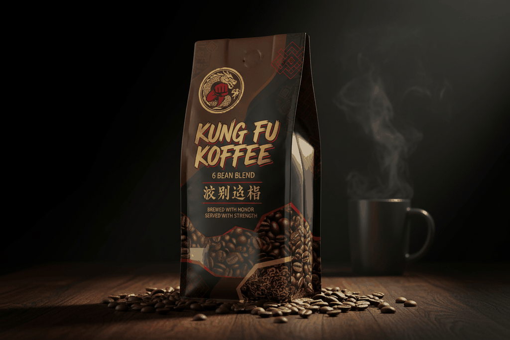 Kung Fu Koffee 6 Bean Blend coffee bag with scattered beans and steaming cup on wooden surface