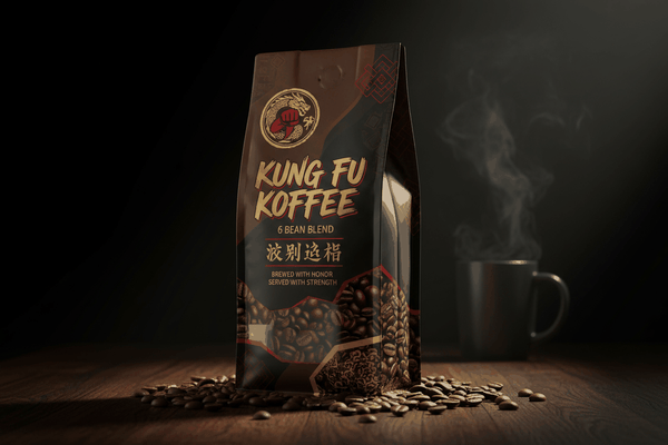 Kung Fu Koffee 6 Bean Blend coffee bag with scattered beans and steaming cup on wooden surface