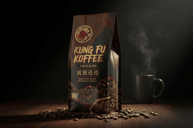 Kung Fu Koffee 6 Bean Blend coffee bag with scattered beans and steaming cup on wooden surface