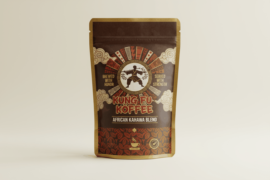 Packaging of Kung Fu Koffee African Kahawa Blend gourmet coffee with bold, aromatic flavor and ethical sourcing
