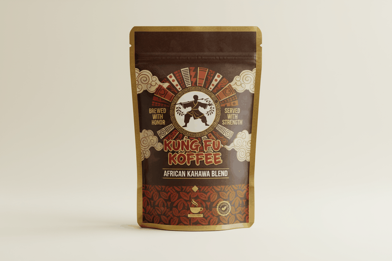Packaging of Kung Fu Koffee African Kahawa Blend gourmet coffee with bold, aromatic flavor and ethical sourcing