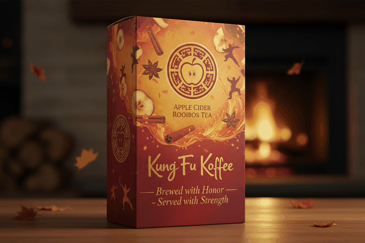 Box of Apple Cider Rooibos tea with apple, cinnamon, and rooibos design by a cozy fireplace