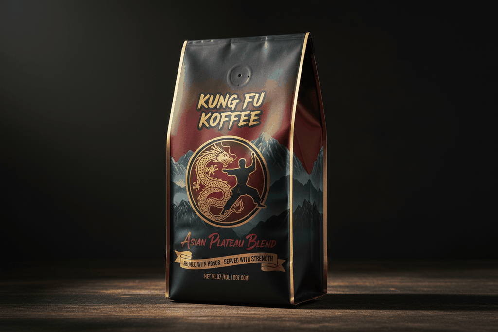 Asian Plateau Blend premium coffee bag with dragon and martial artist design, medium roast with floral and caramel notes, airtight packaging for freshness