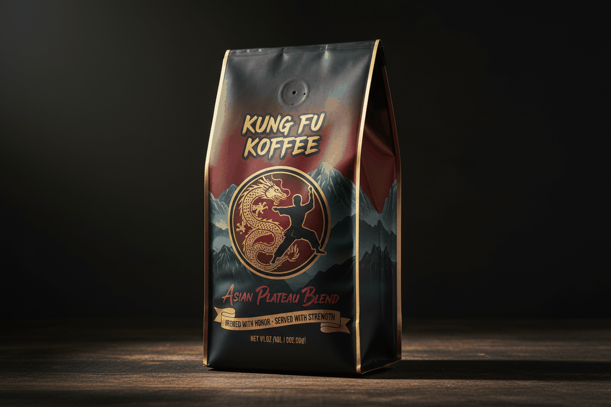 Asian Plateau Blend premium coffee bag with dragon and martial artist design, medium roast with floral and caramel notes, airtight packaging for freshness