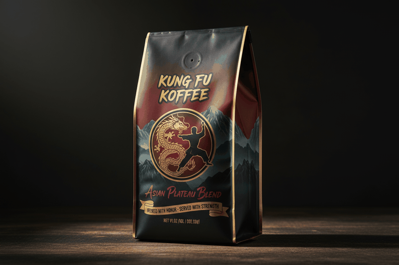 Asian Plateau Blend premium coffee bag with dragon and martial artist design, medium roast with floral and caramel notes, airtight packaging for freshness