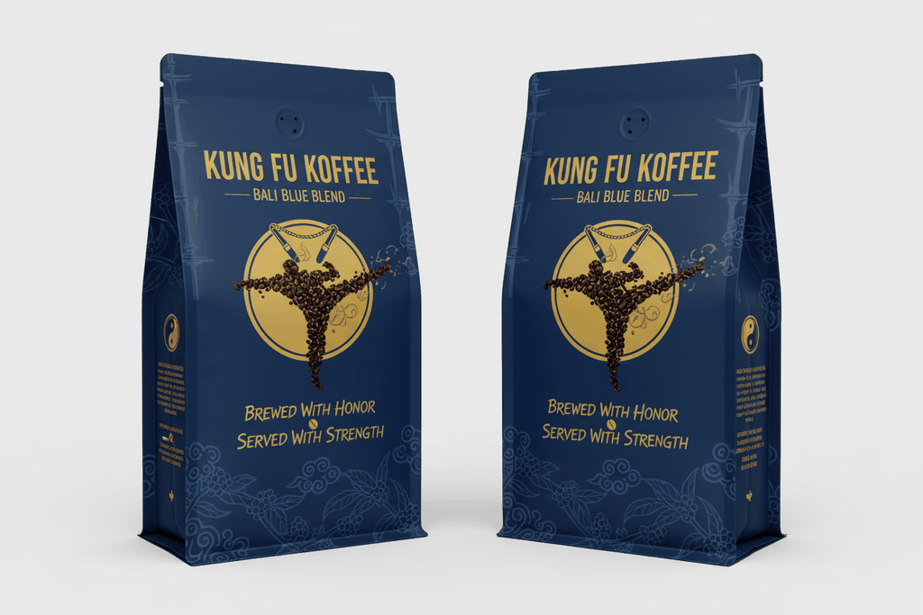Bali Blue Coffee medium dark roast whole bean in blue Kung Fu Koffee packaging with gold logo and ethical sourcing label