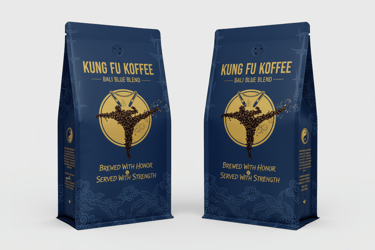 Bali Blue Coffee medium dark roast whole bean in blue Kung Fu Koffee packaging with gold logo and ethical sourcing label