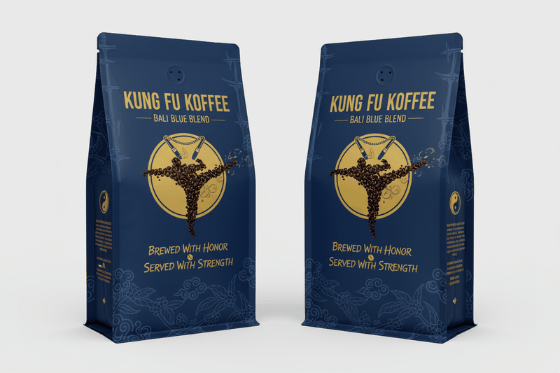 Bali Blue Coffee medium dark roast whole bean in blue Kung Fu Koffee packaging with gold logo and ethical sourcing label