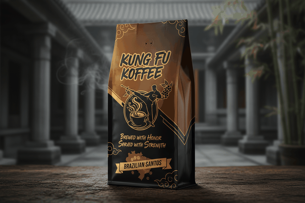 Brazil Santos medium roast 100% Arabica coffee with chocolate and nutty notes in black and brown Kung Fu Koffee packaging