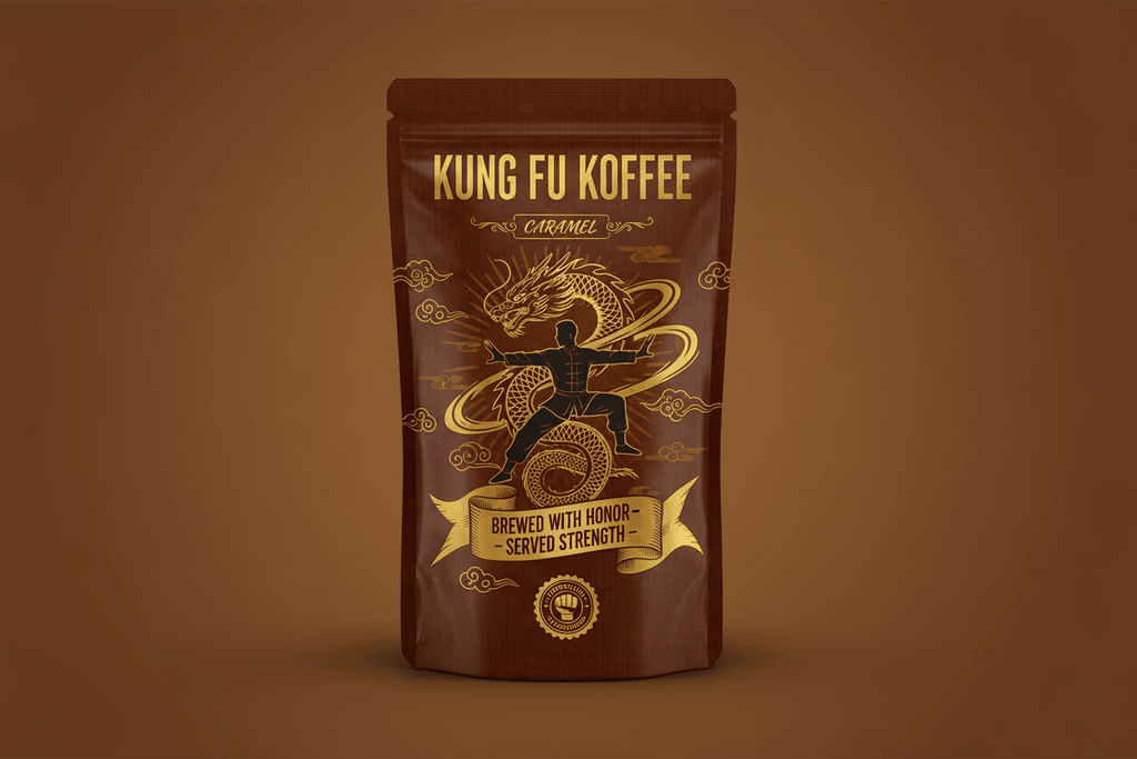 Kung Fu Koffee Caramel blend coffee pouch with rich caramel sauce flavor and stylish gold dragon design