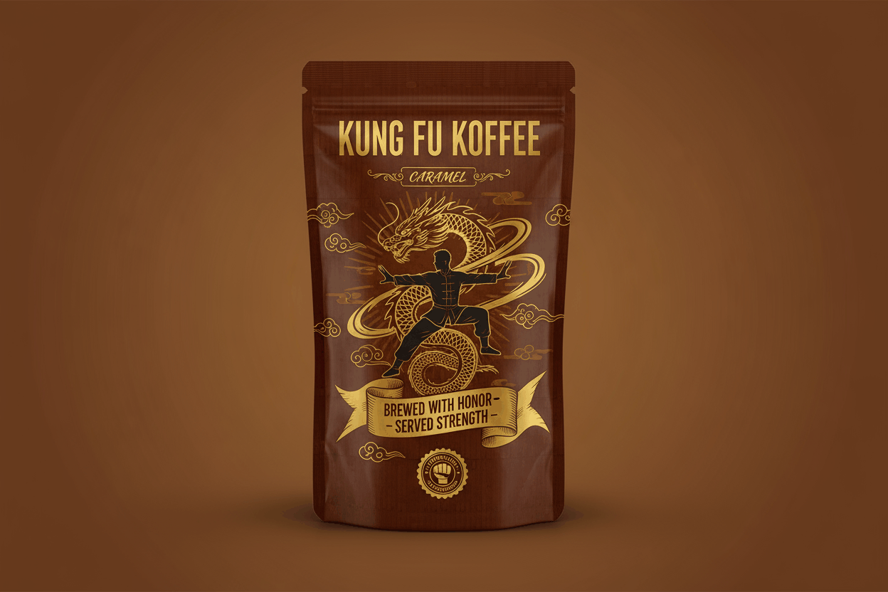 Kung Fu Koffee Caramel blend coffee pouch with rich caramel sauce flavor and stylish gold dragon design