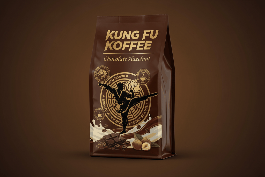 Kung Fu Koffee Chocolate Hazelnut coffee bag with chocolate pieces and hazelnuts illustration on brown background
