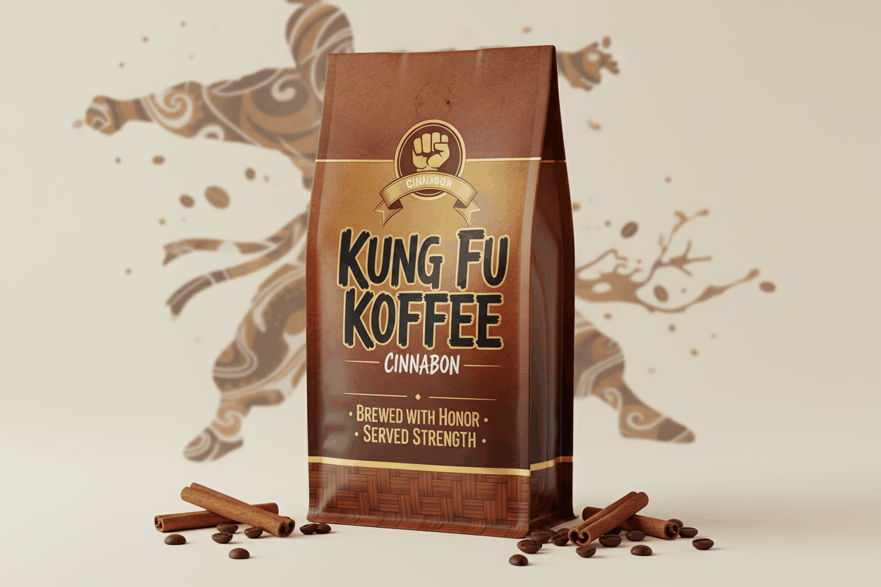 Kung Fu Koffee Cinnabon blend with cinnamon sticks and coffee beans, promoting Cinnabon Morning Indulgence