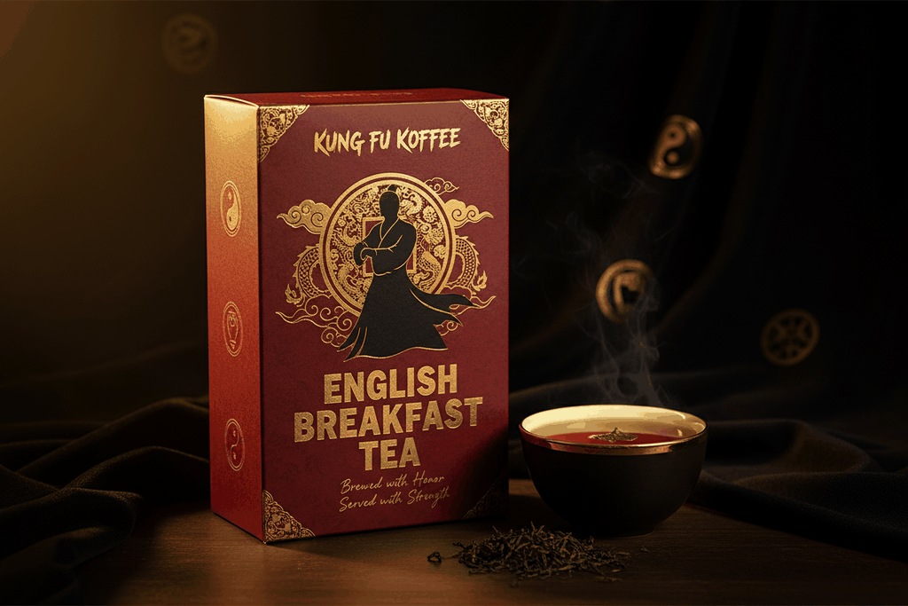 Kung Fu Koffee English Breakfast Tea box with steaming cup and loose tea leaves showcasing premium Assam Ceylon Kenya blend
