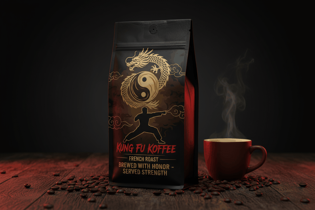 Kung Fu Koffee French Roast bag with coffee beans and steaming cup on wooden surface