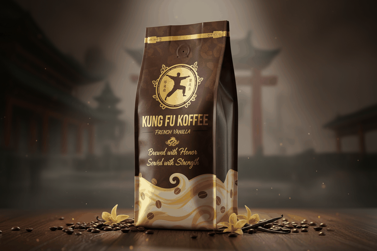 Kung Fu Koffee French Vanilla medium roast smooth creamy vanilla flavored coffee bag
