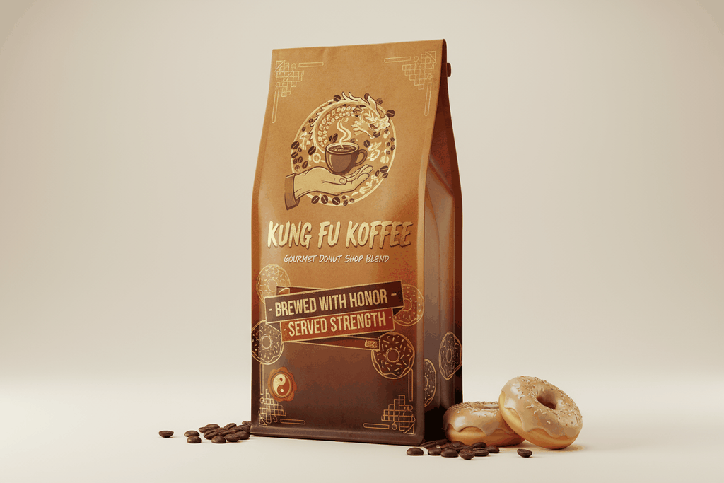 Gourmet Donut Shop blend coffee bag with donuts and coffee beans featuring cocoa and caramel notes