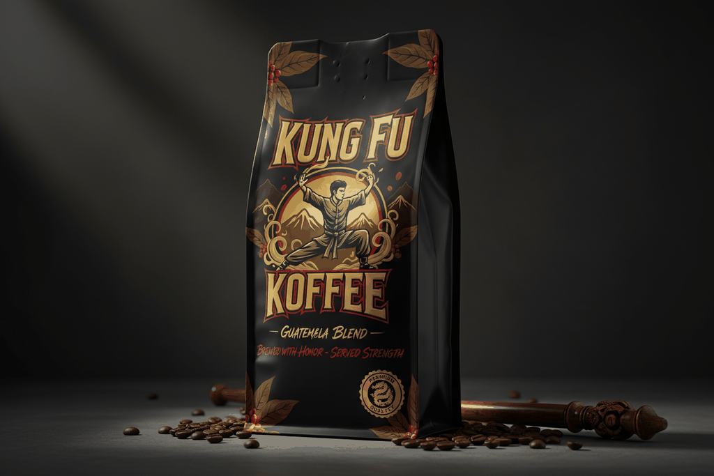 Kung Fu Koffee Guatemala coffee bag with roasted beans on dark background