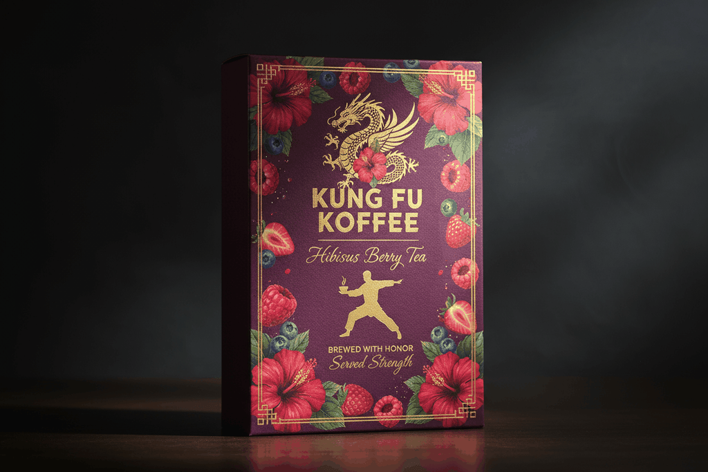 Box of Kung Fu Koffee Hibiscus Berry Tea with floral and berry design on dark background