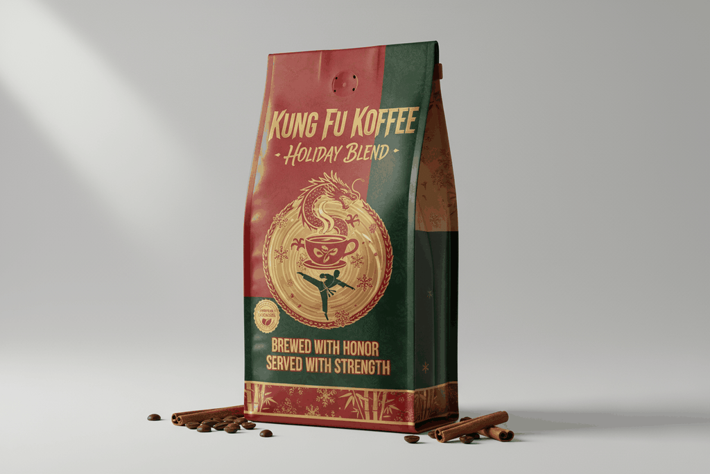 Kung Fu Koffee Holiday Blend festive coffee from Brazil Peru and India in red and green packaging