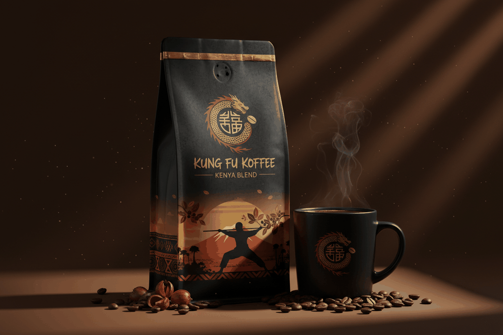Kenya blend coffee bag with kung fu design and steaming black coffee cup surrounded by coffee beans