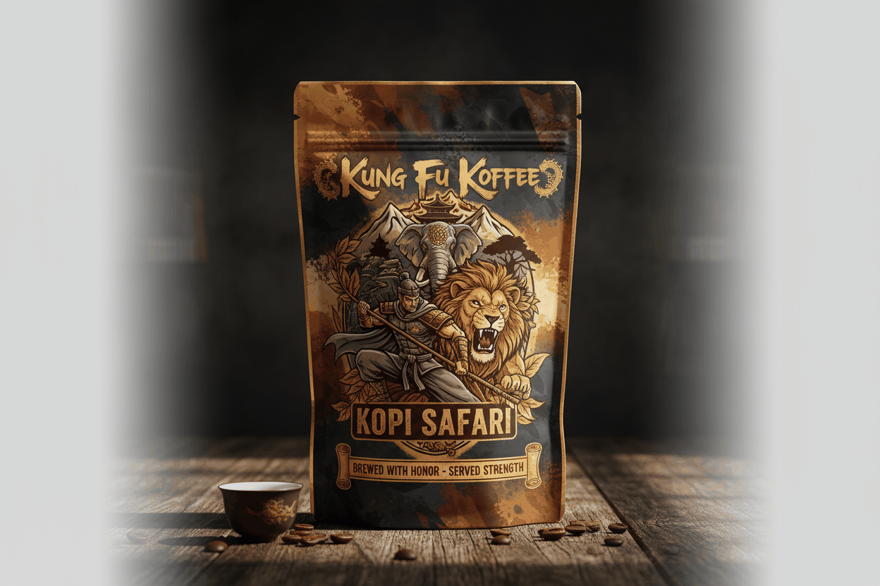 Kopi Safari post roast coffee blend with lively and grounding flavor in Kung Fu Koffee packaging