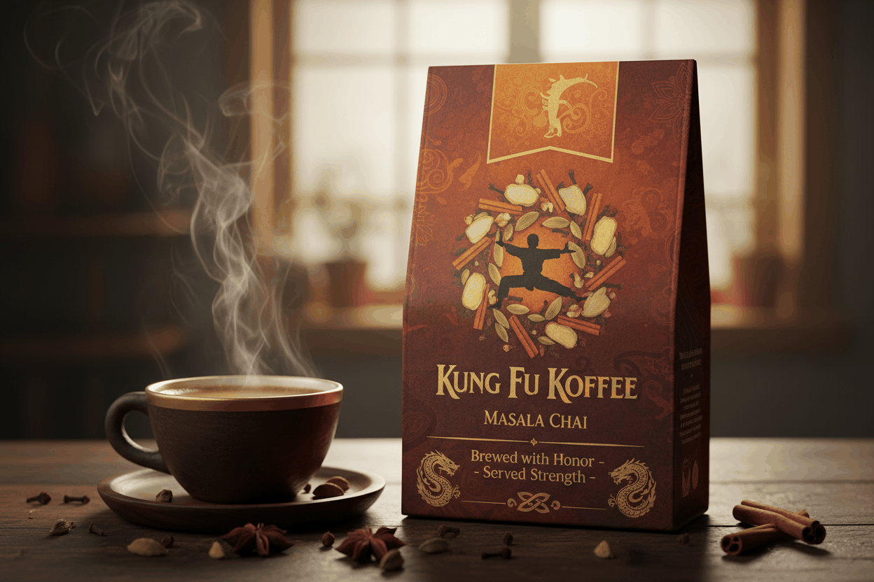 Steaming cup of bold and spicy Masala Chai with aromatic spices and Kung Fu Koffee packaging
