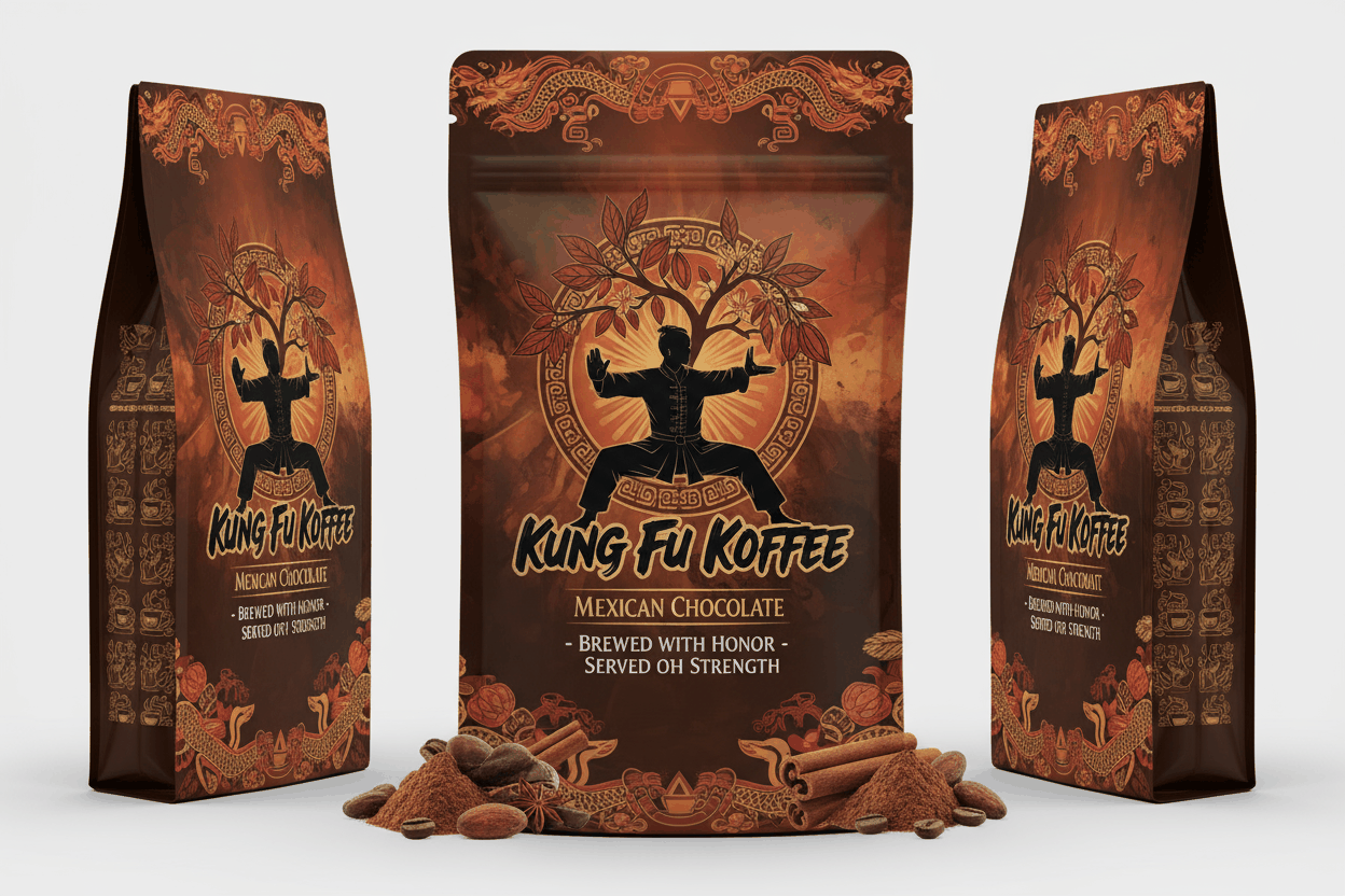 Mexican Chocolate medium roast coffee with chocolate, cinnamon, and vanilla flavors by Kung Fu Koffee
