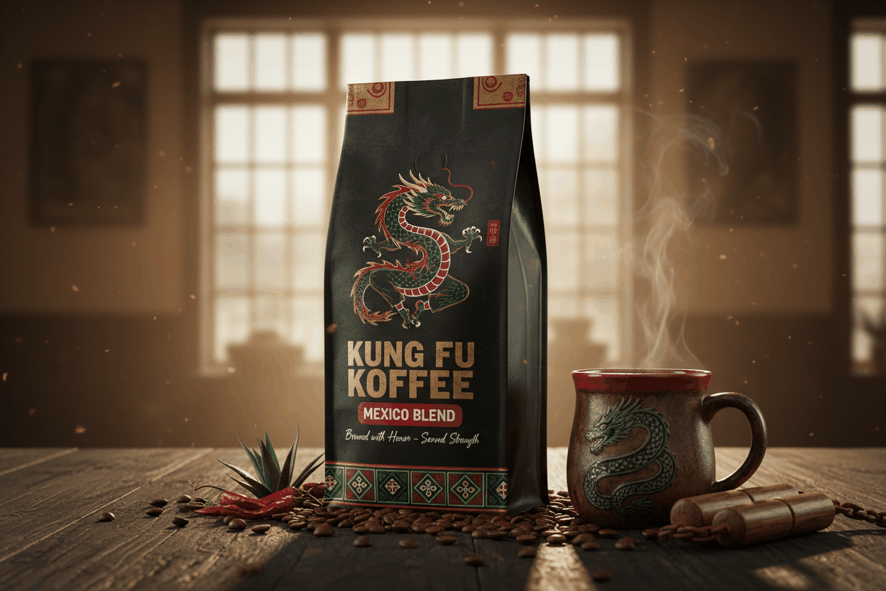 Kung Fu Koffee Mexico coffee medium roast with chocolate, cinnamon, and green apple notes in a dragon-themed packaging and steaming cup.