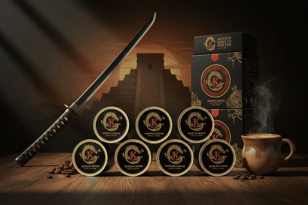 Mexico Coffee Pods with Chiapas blend, medium acidity, creamy body, lemon and dark chocolate notes, displayed with samurai sword and coffee cup