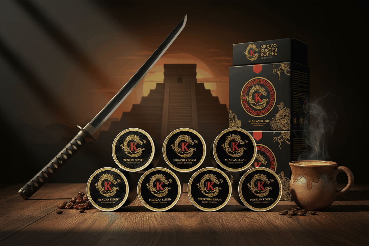 Mexico Coffee Pods with Chiapas blend, medium acidity, creamy body, lemon and dark chocolate notes, displayed with samurai sword and coffee cup