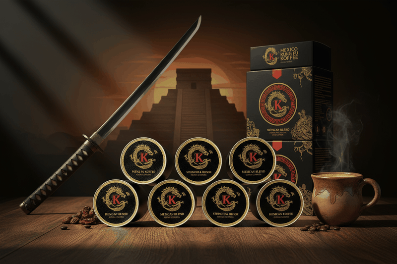 Mexico Coffee Pods with Chiapas blend, medium acidity, creamy body, lemon and dark chocolate notes, displayed with samurai sword and coffee cup