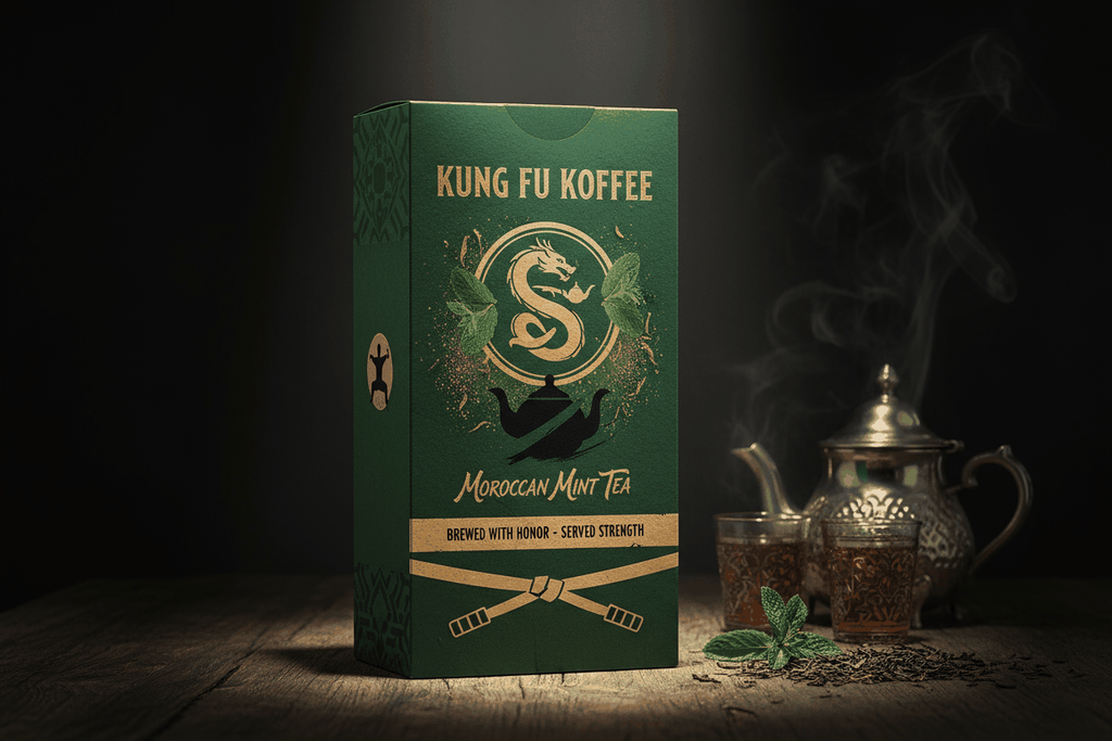 Moroccan Mint tea box with steaming teapot and glasses displaying fresh mint leaves and loose tea leaves on wooden surface