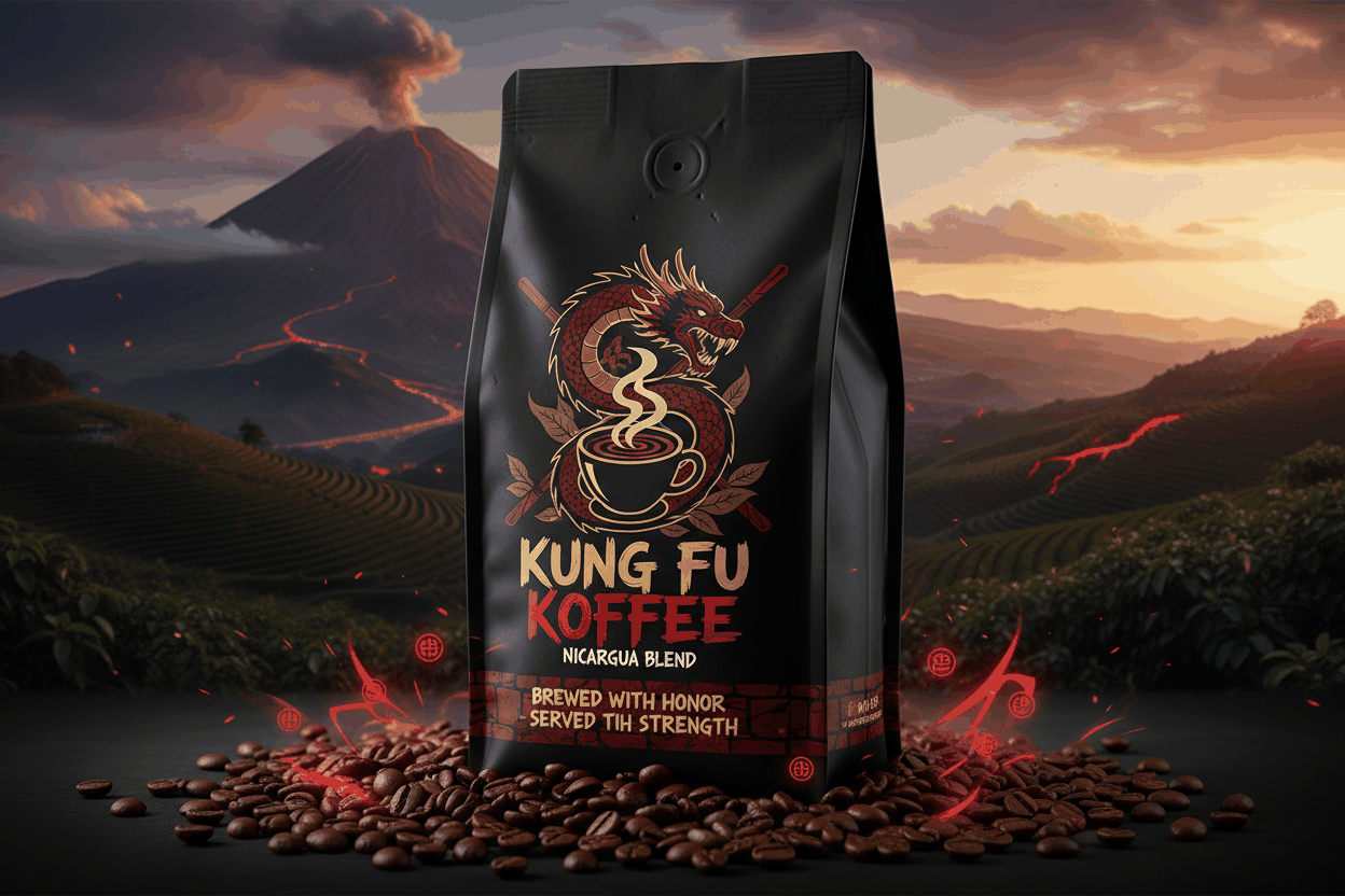 Nicaragua medium roast coffee bag with cocoa, floral, and citrus notes from Molino Norte on volcanic landscape background