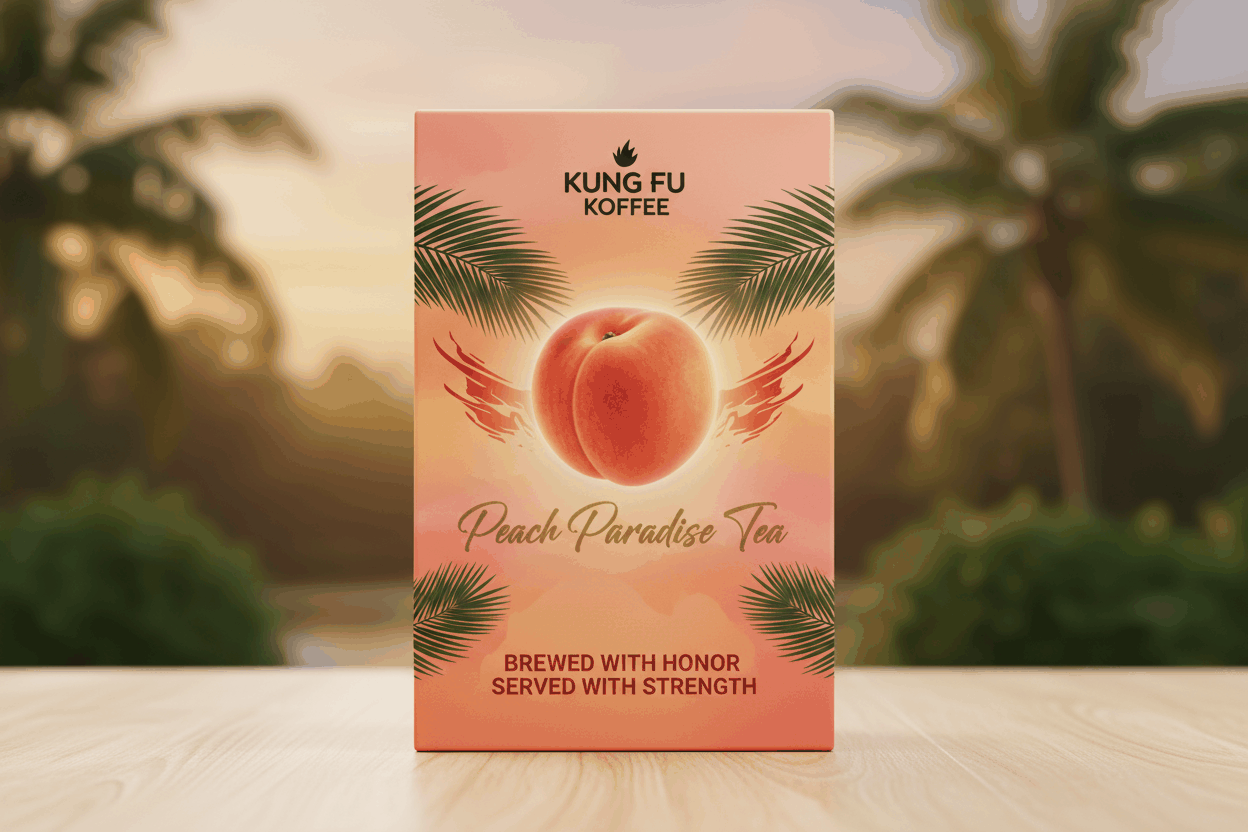 Peach Paradise herbal tea blend with fruity peach and cranberry flavors by Kung Fu Koffee