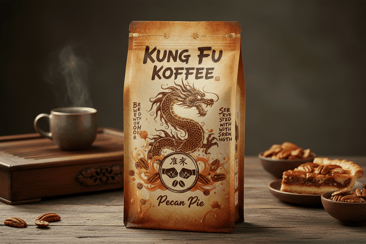 Pecan Pie flavored Kung Fu Koffee bag with roasted pecans, caramelized sugar, and vegan gluten-free coffee blend next to a steaming cup and pecan pie slices.