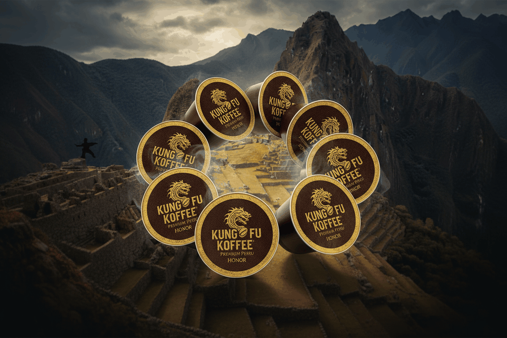 Peru Coffee Pods Kung Fu Koffee with Machu Picchu background, medium roast with salted caramel and citrus notes