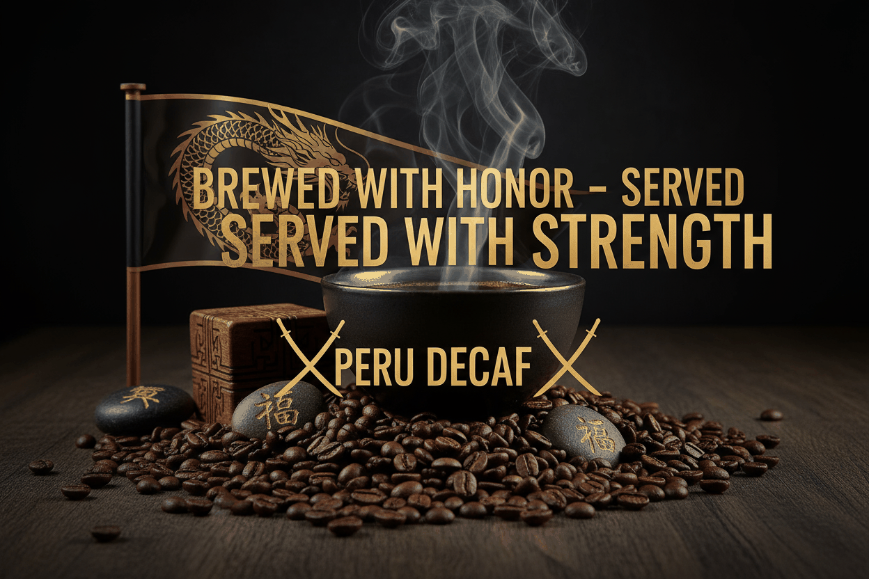 Peru Decaf medium roast coffee with caramel and citrus notes, brewed with honor and strength, surrounded by coffee beans and aromatic steam