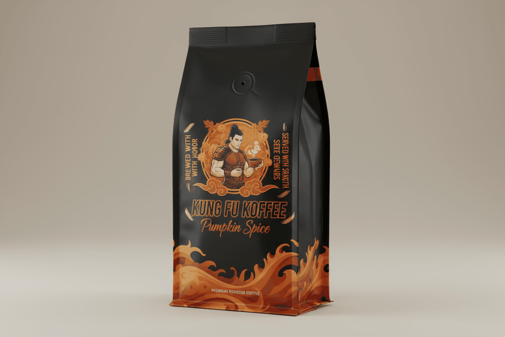Kung Fu Koffee Pumpkin Spice medium roast coffee bag with pumpkin, cinnamon, and nutmeg flavoring