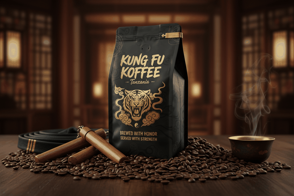 Kung Fu Koffee Tanzania medium-light roast coffee with pear floral jasmine and strawberry notes surrounded by coffee beans and a steaming cup