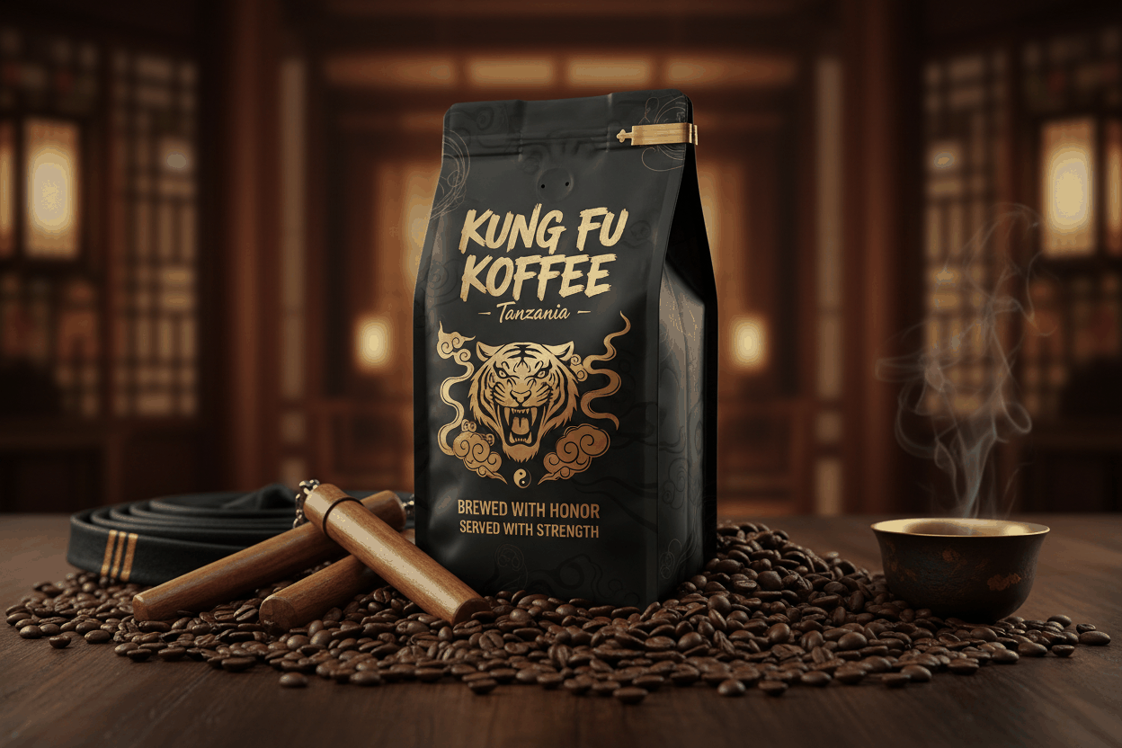 Kung Fu Koffee Tanzania medium-light roast coffee with pear floral jasmine and strawberry notes surrounded by coffee beans and a steaming cup